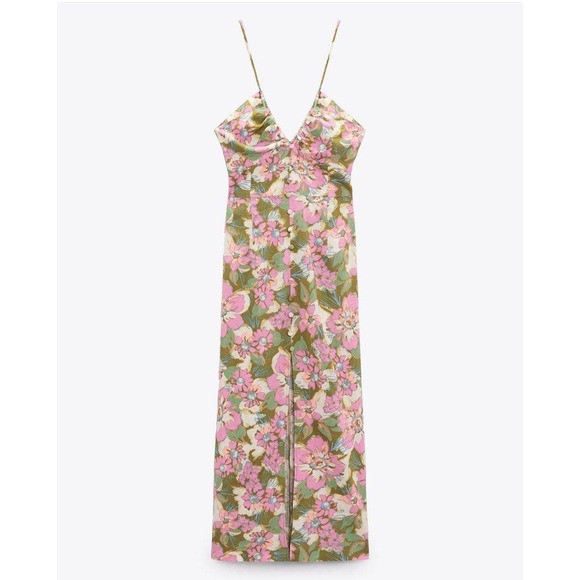 Zara Dresses & Skirts - Zara Midi Dress Women Small Pink Floral Linen Blend Halter Button Front Boho
